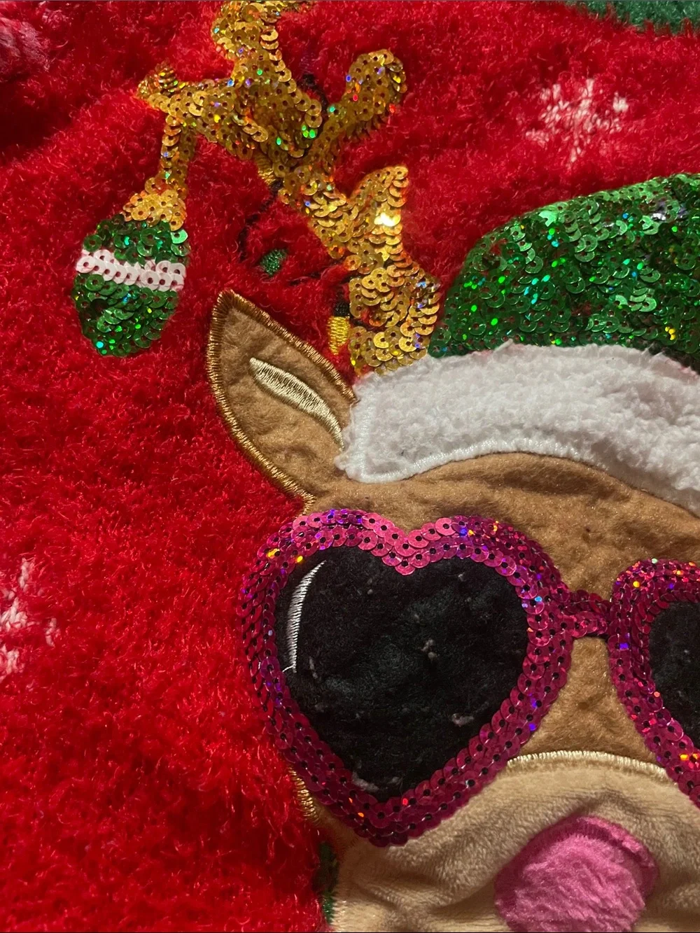 Holiday Time Red Holiday Sweater with Green Trim and Reindeer Motif